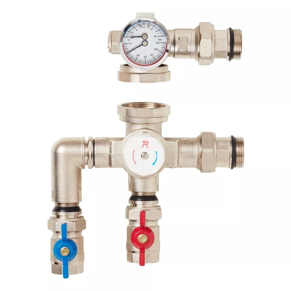 Underfloor heating blending valve with integrated ball valves